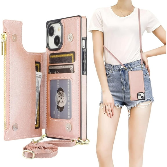 Crossbody Wallet Case for iPhone 15 with RFID Blocking Card Slot Holder, Magnetic Flip Folio Purse Case, PU Leather Zipper Handbag with Detachable Lanyard Strap 6.1 Inch 5G (Rose Gold)