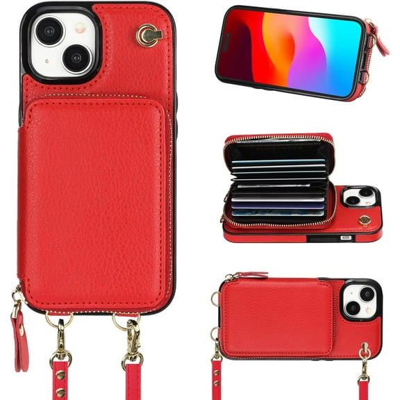 Crossbody Wallet Case for iPhone 15, RFID Blocking Leather Purse Case with Card Holder, Protective Handbag Flip Cover with Zipper Wrist Strap Lanyard for Women 5G 6.1 Inch (Red)