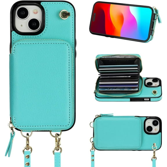 Crossbody Wallet Case for iPhone 15, RFID Blocking Leather Purse Case with Card Holder, Protective Handbag Flip Cover with Zipper Wrist Strap Lanyard for Women 5G 6.1 Inch (Mint Green)