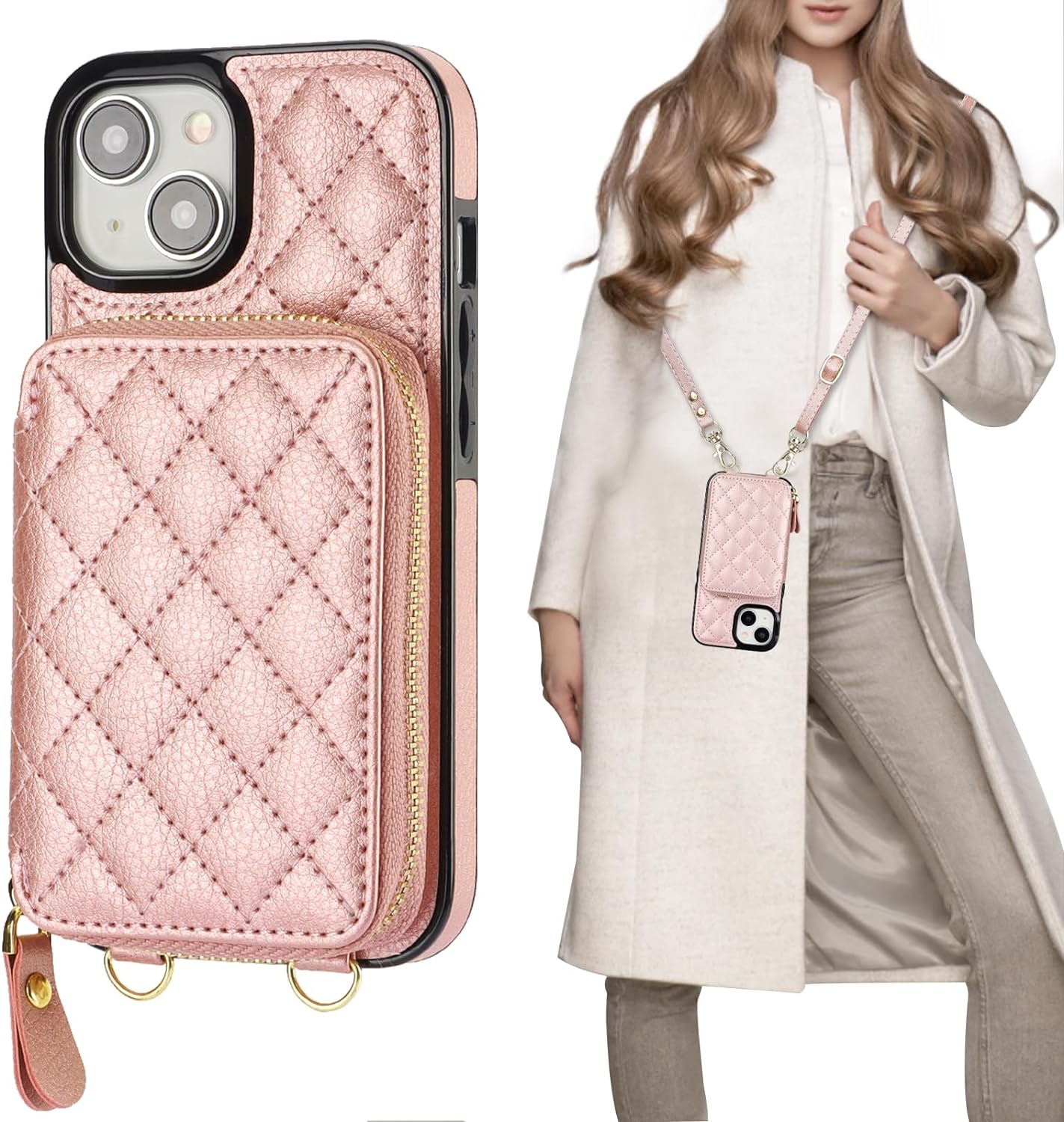 Crossbody Wallet Case For IPhone 15, RFID Blocking PU Leather Zipper Handbag Purse Flip Cover Kickstand Folio Card Slots Holder Wrist Strap Lanyard 5g 6 1