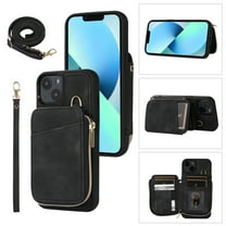 Crossbody Wallet Case for iPhone 15, Zipper Pocket Case with Card Holder, PU Leather Protective Cover Case with Kickstand Detachable Wrist Strap Lanyard for 6.1", Black