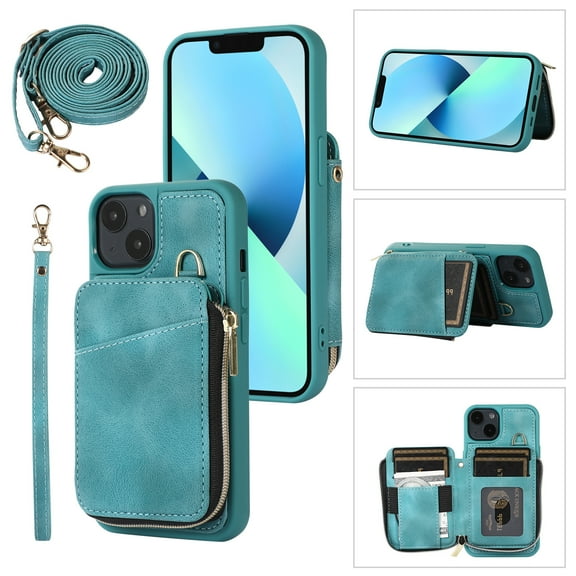 Crossbody Wallet Case for iPhone 15, Zipper Pocket Case with Card Holder, PU Leather Protective Cover Case with Kickstand Detachable Wrist Strap Lanyard for 6.1", Green