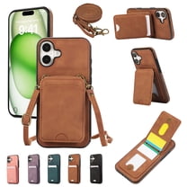 Crossbody Wallet Case for iPhone 16, Elegant PU Leather Flip Kickstand Phone Cover with RFID Blocking Card Holder, Shockproof Case with Detachable Long Strap for Women Girl,Brown