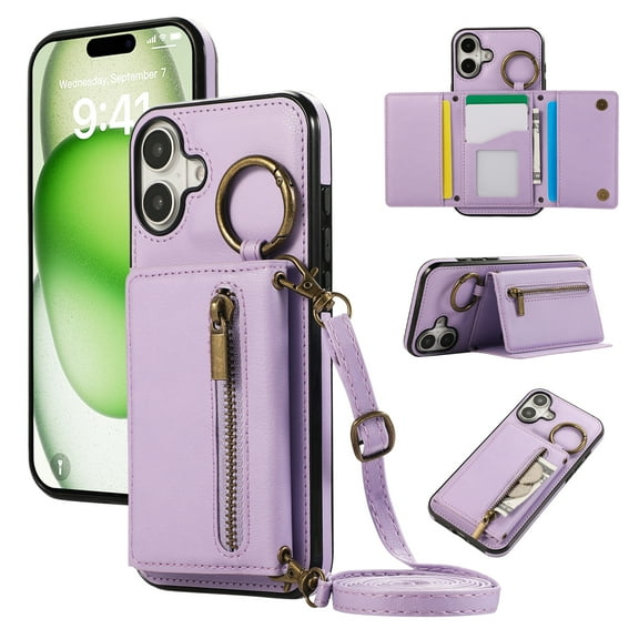 Crossbody Wallet Case for iPhone 16 with Lanyard Strap Card Slot Holder RFID Blocking 360° Ring Kickstand,Magnetic Flip Folio Zipper Purse Case, PU Leather Cover Handbag,Purple