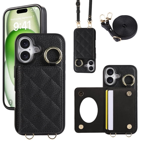 Crossbody Wallet Case for iPhone 16 with Make-up Mirror, PU Leather Lanyard Purse Magnetic Clasp Card Holder, Flip Kickstand Shockproof Phone Cover for iPhone 16, Black