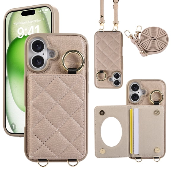 Crossbody Wallet Case for iPhone 16 Plus with Make-up Mirror, PU Leather Lanyard Purse Magnetic Clasp Card Holder, Flip Kickstand Shockproof Phone Cover for iPhone 16 Plus, Khaki