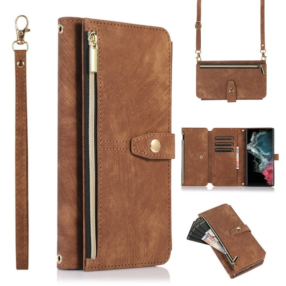 Crossbody Wallet Case for iPhone 16 Plus with RFID Blocking Card Slot Holder, Magnetic Flip Folio Purse Case, PU Leather Zipper Handbag with Detachable Lanyard Strap Phone Case,Brown