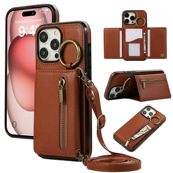 Crossbody Wallet Case for iPhone 16 Pro with Lanyard Strap Card Slot Holder RFID Blocking 360° Ring Kickstand,Magnetic Flip Folio Zipper Purse Case, PU Leather Cover Handbag,Coffee