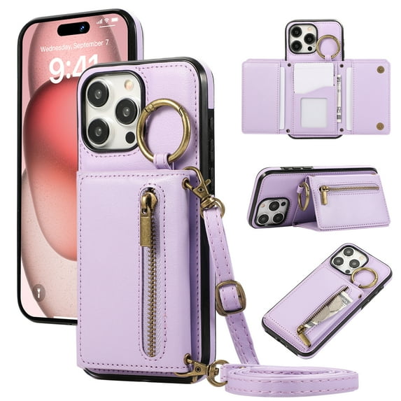 Crossbody Wallet Case for iPhone 16 Pro with Lanyard Strap Card Slot Holder RFID Blocking 360° Ring Kickstand,Magnetic Flip Folio Zipper Purse Case, PU Leather Cover Handbag,Purple