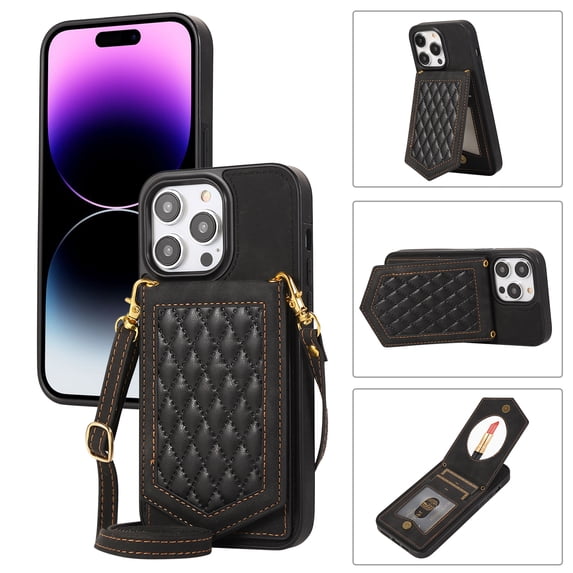 Crossbody Wallet Case for iPhone 16 Pro Max with Card Holder, Removable Neck Strap/Shoulder Strap Kickstand Slim Purse Hidden Mirror Back Phone Cover for iPhone 16 Pro Max, Black