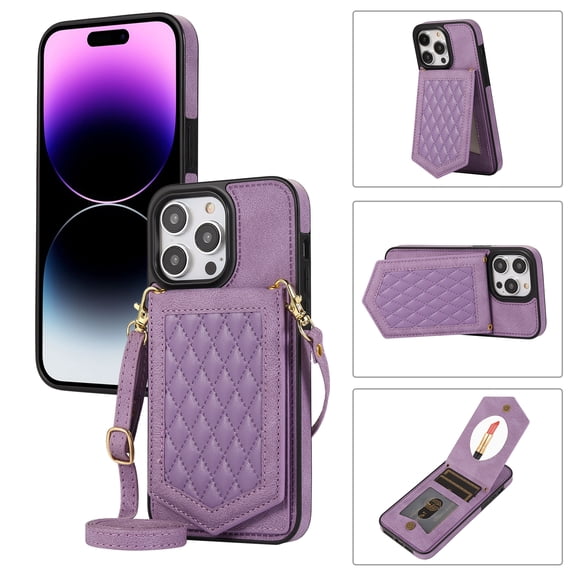 Crossbody Wallet Case for iPhone 16 Pro Max with Card Holder, Removable Neck Strap/Shoulder Strap Kickstand Slim Purse Hidden Mirror Back Phone Cover for iPhone 16 Pro Max, Purple