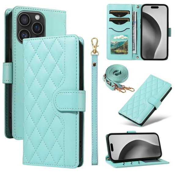 Crossbody Wallet Case for iPhone 16 Pro Max, with Detachable Shoulder Strap & Wrist Strap, Magnetic Clasp Flip Kickstand Card Holder, PU Leather Shockproof for Women Girls Purse Cover, Green