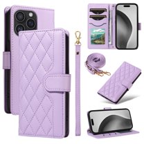 Crossbody Wallet Case for iPhone 16 Pro Max, with Detachable Shoulder Strap & Wrist Strap, Magnetic Clasp Flip Kickstand Card Holder, PU Leather Shockproof for Women Girls Purse Cover, Purple