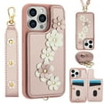 thumbnail image 1 of Crossbody Wallet Case for iPhone 16 Pro Max, Magnetic Back Flip Kickstand Floral PU Leather Phone Case with RFID Blocking Card Holder Wristlet Strap Shoulder Purse for Women,Rosegold, 1 of 9
