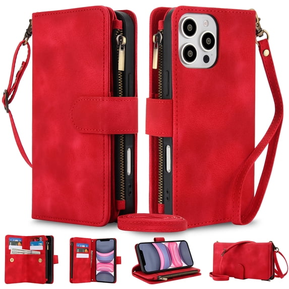 Crossbody Wallet Case for iPhone 16 Pro Max, Premium PU Leather Phone Case with RFID Blocking Card Holder Zipper, Wrist Strap & Lanyard, Flip Stand Purse Cover for iPhone 16 Pro Max, Red