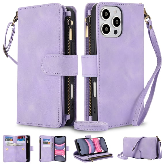 Crossbody Wallet Case for iPhone 16 Pro Max, Premium PU Leather Phone Case with RFID Blocking Card Holder Zipper, Wrist Strap & Lanyard, Flip Stand Purse Cover for iPhone 16 Pro Max, Purple