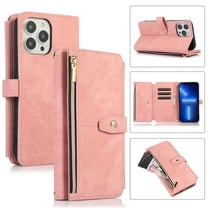 Crossbody Wallet Case for iPhone 16 Pro Max with RFID Blocking Card Slot Holder, Magnetic Flip Folio Purse Case, PU Leather Zipper Handbag with Detachable Lanyard Strap Phone Case,Pink