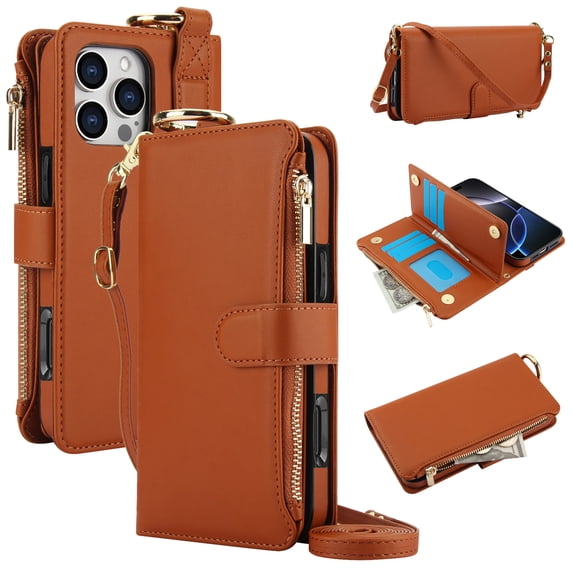 Crossbody Wallet Case for iPhone 16 Pro Max RFID Blocking Card Slots, PU Leather Magnetic Snap Wristband Strap Zipper Pocket Phone Case with Stand Secure Ring Buckle for iPhone 16 Pro Max, Brown