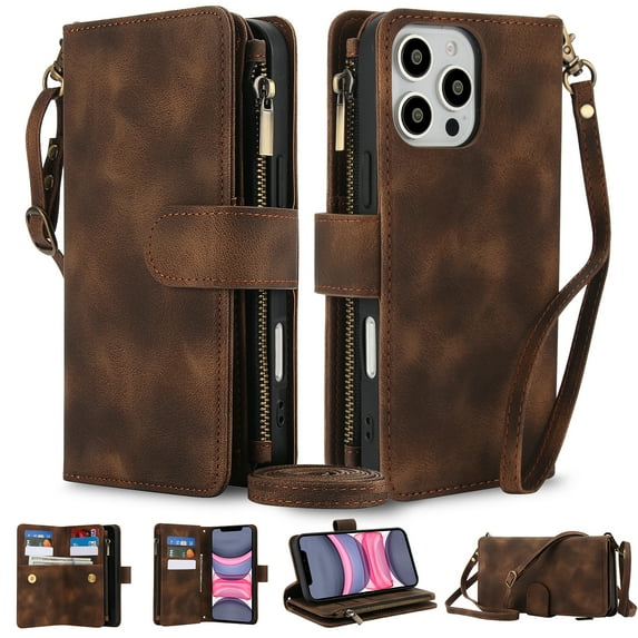 Crossbody Wallet Case for iPhone 16 Pro, Premium PU Leather Phone Case with RFID Blocking Card Holder Zipper, Wrist Strap & Lanyard, Flip Stand Purse Cover for iPhone 16 Pro, Brown