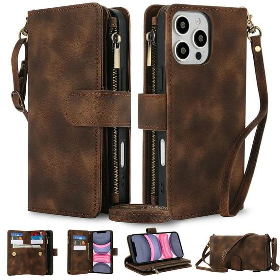 Crossbody Wallet Case for iPhone 16 Pro, Premium PU Leather Phone Case with RFID Blocking Card Holder Zipper, Wrist Strap & Lanyard, Flip Stand Purse Cover for iPhone 16 Pro, Brown