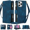 thumbnail image 1 of Crossbody Wallet Case for iPhone 16 Pro, Premium PU Leather Phone Case with RFID Blocking Card Holder Zipper, Wrist Strap & Lanyard, Flip Stand Purse Cover for iPhone 16 Pro, Blue, 1 of 9