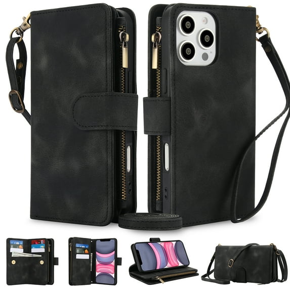 Crossbody Wallet Case for iPhone 16 Pro, Premium PU Leather Phone Case with RFID Blocking Card Holder Zipper, Wrist Strap & Lanyard, Flip Stand Purse Cover for iPhone 16 Pro, Black