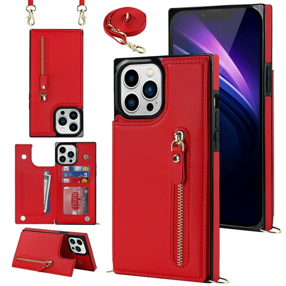 Crossbody Wallet Case for iPhone 16 Pro with RFID Blocking Card Slot Holder, Magnetic Flip Folio Purse Case, Premium PU Leather Zipper Handbag with Detachable Lanyard Strap, Red