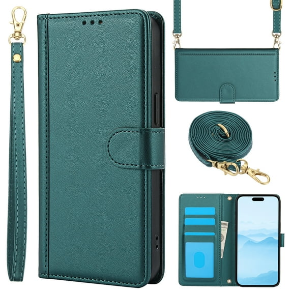 Crossbody Wallet Case for iPhone 16 Pro with Wrist Strap & Shoulder Strap,Magnetic Closure Folio Kickstand Card Slots Cash Holder,Luxury PU Leather Shockproof Cell Phone Cover,Green