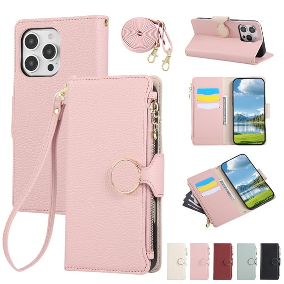 Crossbody Wallet Case for iPhone 16 Pro with Wrist Strap & Shoulder Strap, Zipper Purse with Magnetic Clasp Flip Stand Card Holder, PU Leather Shockproof Cover for iPhone 16 Pro, Pink