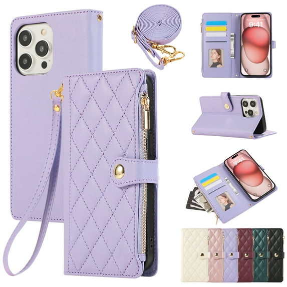 Crossbody Wallet Case for iPhone 16 Pro with Zipper Card Holder & Shoulder Strap & Wrist Strap, RFID Blocking PU Leather Magnetic Flip Kickstand Handbag Purse Case for Women Girls,Purple