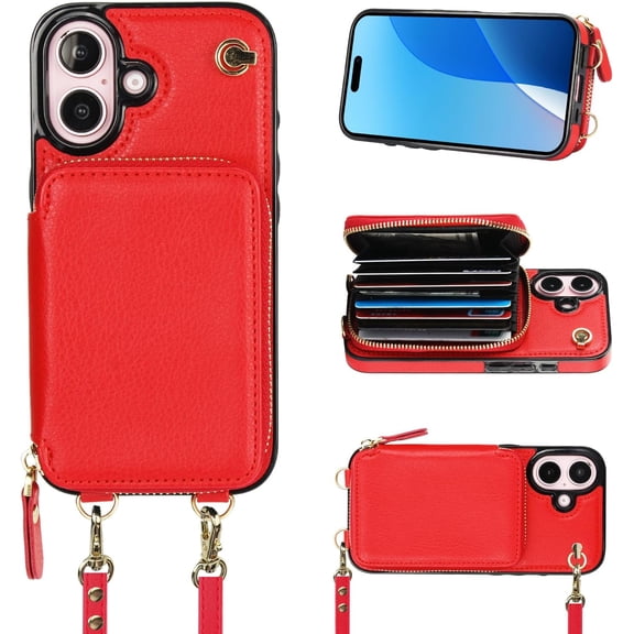 Crossbody Wallet Case for iPhone 16, RFID Blocking Leather Purse Case with Card Holder, Protective Handbag Flip Cover with Zipper Wrist Strap Lanyard for Women 5G 6.1 Inch (Red)
