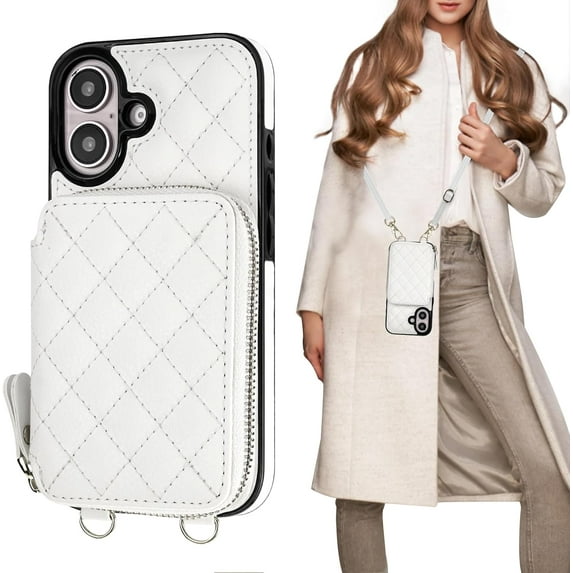 Crossbody Wallet Case for iPhone 16, RFID Blocking PU Leather Zipper Handbag Purse Flip Cover, Kickstand Folio Case with Card Slots Holder Wrist Strap Lanyard 5G 6.1 Inch (White)