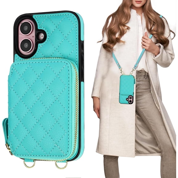 Crossbody Wallet Case for iPhone 16, RFID Blocking PU Leather Zipper Handbag Purse Flip Cover, Kickstand Folio Case with Card Slots Holder Wrist Strap Lanyard 5G 6.1 Inch (Mint Green)
