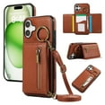 thumbnail image 1 of Crossbody Wallet Case for iPhone 16, with Shoulder Strap Card Slots Ring Holder, Magnetic Flip Folio Zipper Purse Case, PU Leather Kickstand Cover Handbag for iPhone 16, Coffee, 1 of 10