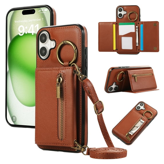 Crossbody Wallet Case for iPhone 16, with Shoulder Strap Card Slots Ring Holder, Magnetic Flip Folio Zipper Purse Case, PU Leather Kickstand Cover Handbag for iPhone 16, Coffee