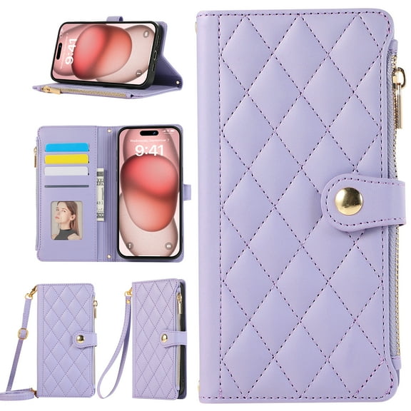 Crossbody Wallet Case for iPhone 16 with Zipper Card Holder & Shoulder Strap & Wrist Strap, RFID Blocking PU Leather Magnetic Flip Kickstand Handbag Purse Case for Women Girls,Purple
