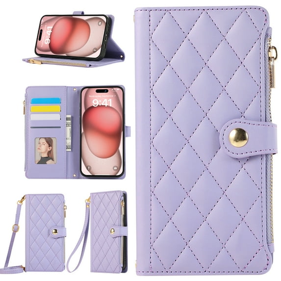 Crossbody Wallet Case for iPhone 16 with Zipper Card Holder & Shoulder Strap & Wrist Strap, RFID Blocking PU Leather Magnetic Flip Kickstand Handbag Purse Case for Women Girls,Purple