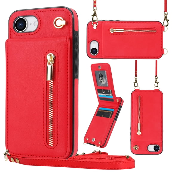 Crossbody Wallet Case for iPhone 16e with Card Holders RFID Shockproof Cover, Back Magnetic Flip Kickstand Zipper Slot Case, PU Leather Cover Handbag Shoulder Strap Phone Case,Red
