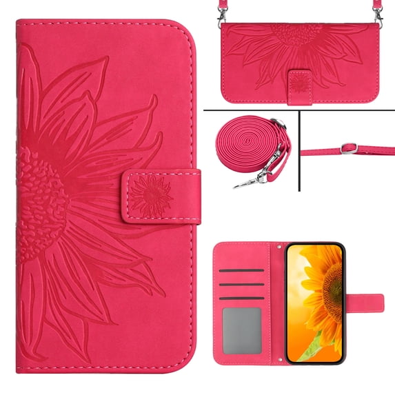 Crossbody Wallet Case for iPhone 16e, Embossed Sunflower PU Leather Phone Case with RFID Blocking Card Slots Holder Magnetic Closure Flip Kickstand Handbag Purse Cover,Rose