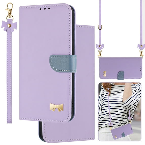 Crossbody Wallet Case for iPhone 16e, Magnetic Closure Shoulder Strap & Wrist Strap PU Leather Flip Stand Case with Card Holder RFID Blocking Cash Purse Phone Cover for Women,Purple