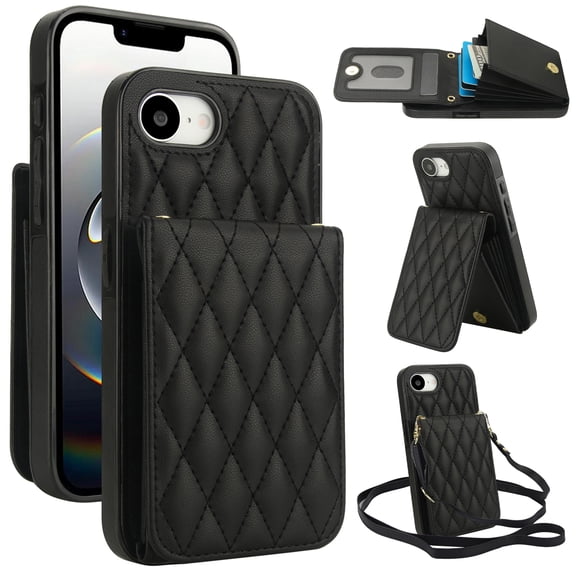 Crossbody Wallet Case for iPhone 16e, Purse Magnetic Clasp RFID Blocking Card Holder, Elegant PU Leather Flip Kickstand Shockproof Protective Cover for iPhone 16e, Black