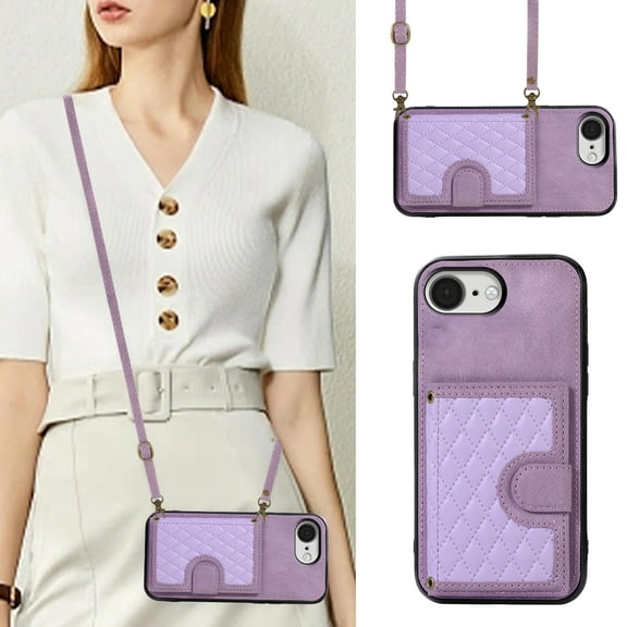 Crossbody Wallet Case For iPhone 16e,[RFID Blocking] Credit Card Holder with Should Strap,Premium PU Leather Purse Diamond Patterned Folio Cover For iPhone 16e,Purple