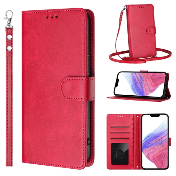 Crossbody Wallet Case For iPhone 17 with Card Slots RFID Blocking, PU Leather Flip Cover Magnetic Closure, Detachable Shoulder Strap & Wrist Lanyard, Kickstand Protective Case,Rose