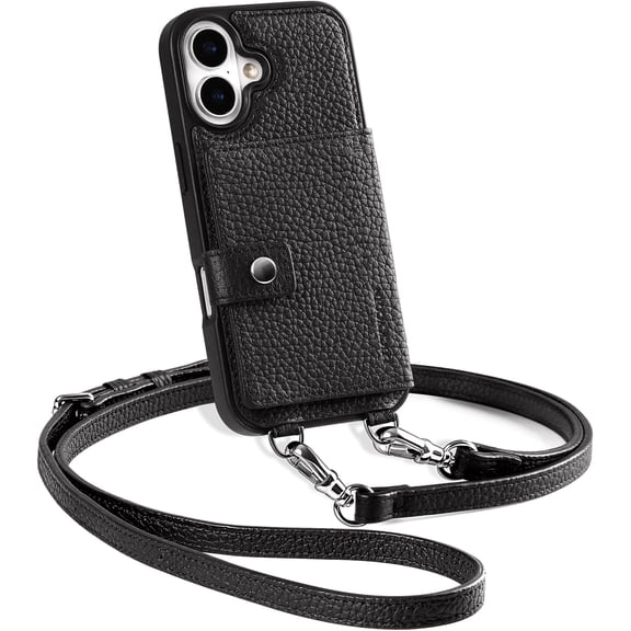 Crossbody Wallet Case for iPhone 17 – Compatible with MagSafe, Premium Cowhide Leather with RFID-Blocking Card Holder & Adjustable Strap, Magnetic Hands-Free Phone Purse (Black)