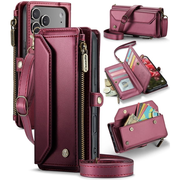 Crossbody Wallet Case for iPhone 18 Pro Max, RFID Blocking PU Leather Cover with 10 Card Slots & Zipper Pocket, Detachable Shoulder Wrist Strap for Women