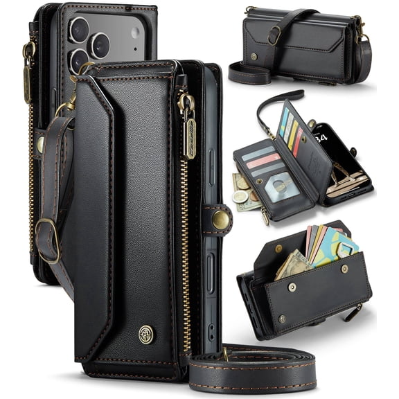 Crossbody Wallet Case for iPhone 18 Pro Max, RFID Blocking PU Leather Cover with 10 Card Slots & Zipper Pocket, Detachable Shoulder Wrist Strap for Women