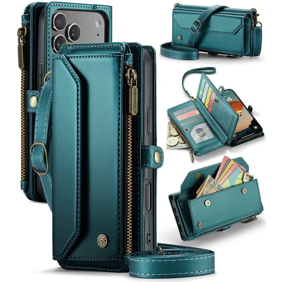 Crossbody Wallet Case for iPhone 18 Pro Max, RFID Blocking PU Leather Cover with 10 Card Slots & Zipper Pocket, Detachable Shoulder Wrist Strap for Women