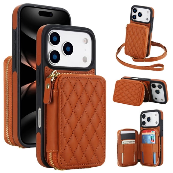 Crossbody Wallet Case for iPhone 17 Pro Max, RFID Blocking Zipper Handbag Purse Flip Cover, Kickstand Folio Case Card Slots Holder Wrist Strap Lanyard