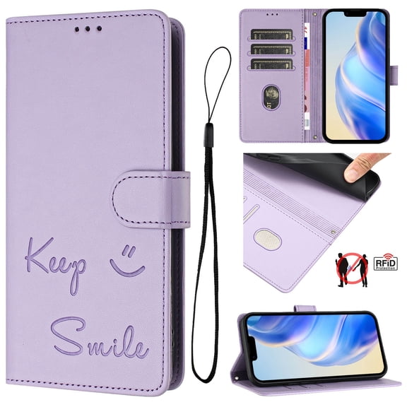 Crossbody Wallet Case for iPhone 17 Pro Max, Smile Pattern PU Leather Phone Case with Kickstand RFID Blocking Card Slots, Magnetic Closure Folio Cover with Wrist Strap Lanyard, Purple