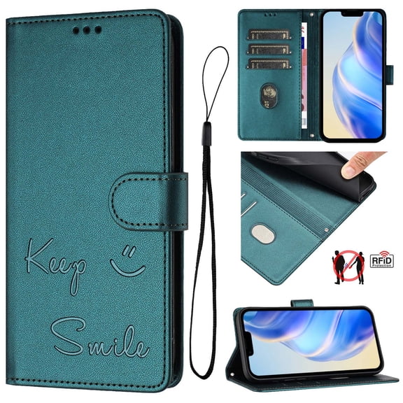 Crossbody Wallet Case for iPhone 17 Pro, Smile Pattern PU Leather Phone Case with Kickstand RFID Blocking Card Slots, Magnetic Closure Folio Cover with Wrist Strap Lanyard, Darkgreen